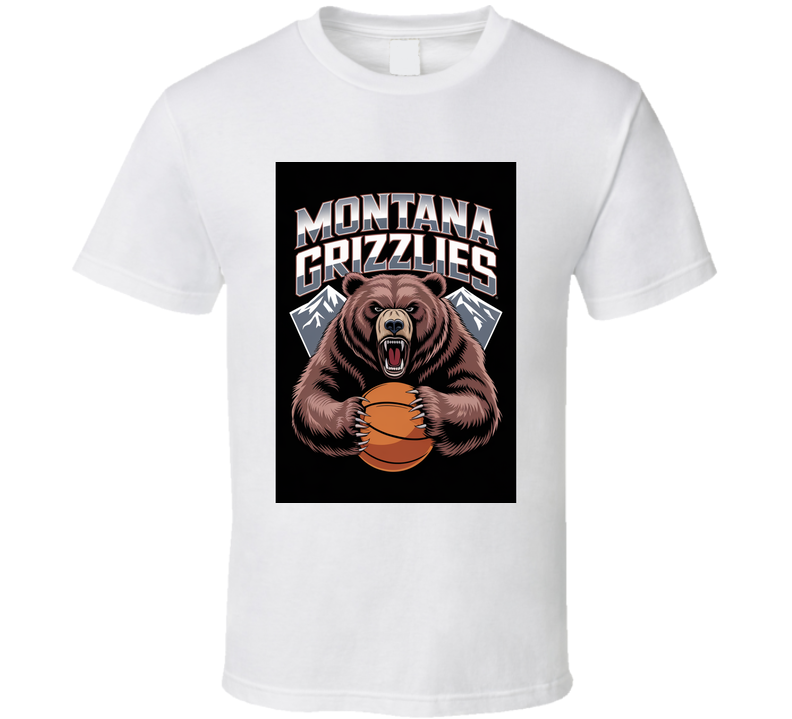 Depict Monte The Grizzly Roaring Fiercely While Clutching A Basketball, Set Against Snow-capped Mountains. Include The Text T Shirt Depict Monte The Grizzly Roaring Fiercely While Clutching A Basketball, Set Against Snow-capped Mountains. Include The Text T Shirt