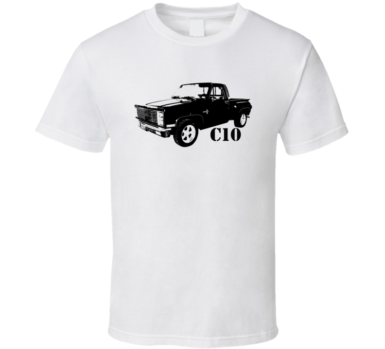 1981 C10 Pickup Truck Threee Quarter View With Model Name White T Shir