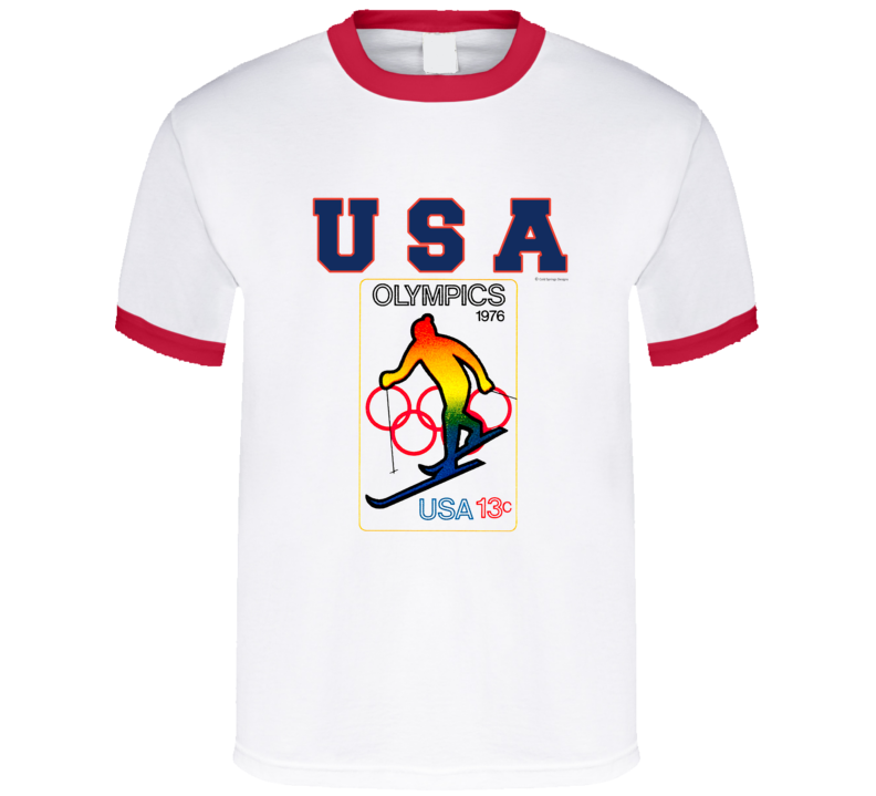 Usa Winter Olympics Skiing13 Cent Postage Stamp 1976 Gold T Shirt Usa Winter Olympics Skiing13 Cent Postage Stamp 1976 Gold T Shirt