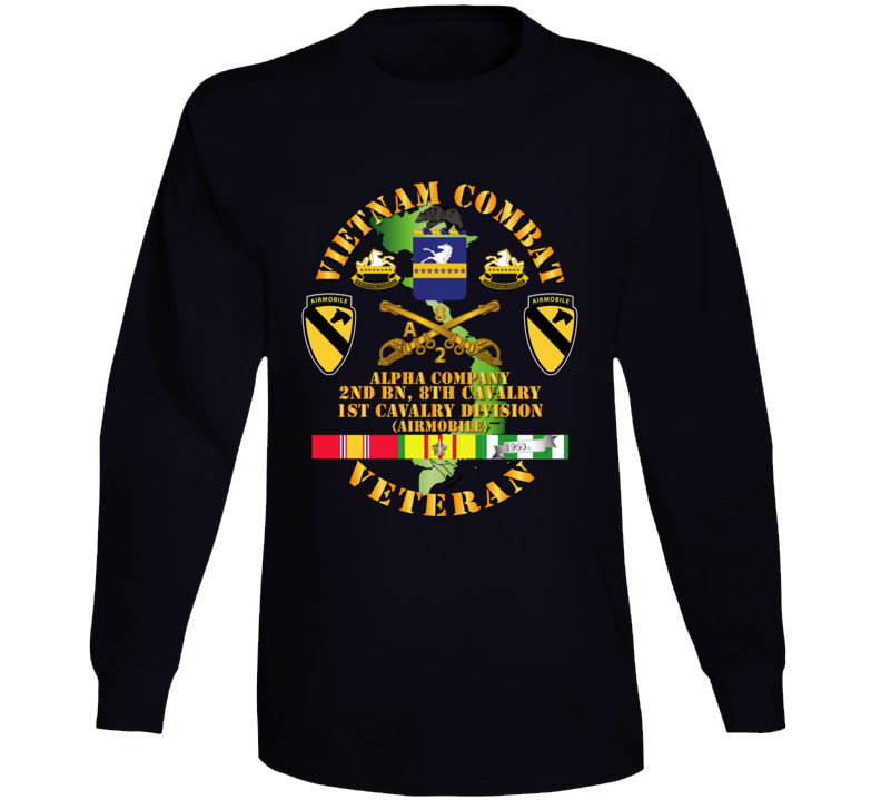 Army - Vietnam Combat Cavalry Veteran W Alpha - 2nd Bn 8th Cav Coa - 1st Cav Div Ssi  Long Sleeve