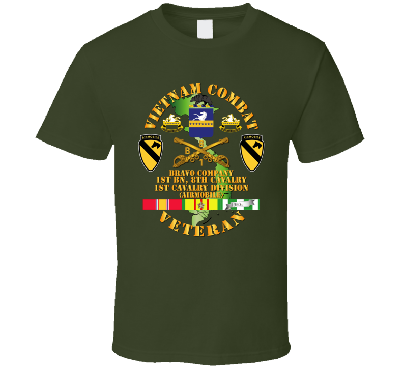 Army - Vietnam Combat Cavalry Veteran W Bravo - 1st Bn 8th Cav Coa - 1st Cav Div Ssi T-shirt 