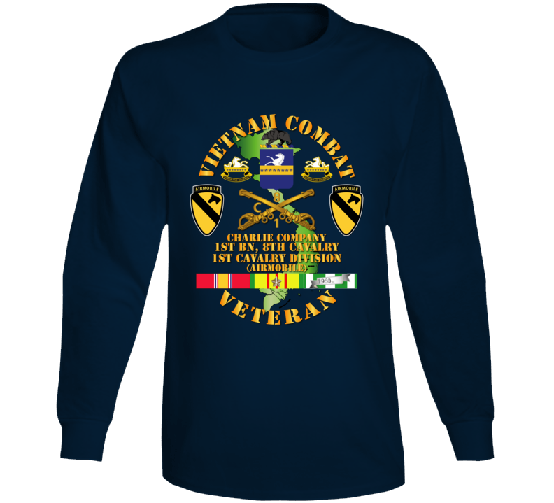 Army - Vietnam Combat Cavalry Veteran W Charlie - 1st Bn 8th Cav Coa - 1st Cav Div Ssi Long Sleeve