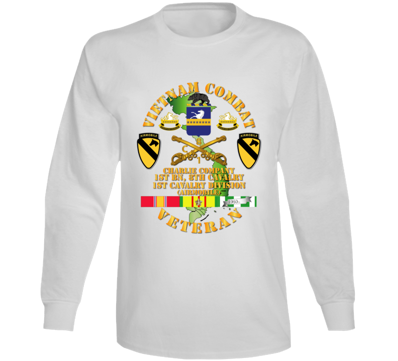 Army - Vietnam Combat Cavalry Veteran W Charlie - 1st Bn 8th Cav Coa - 1st Cav Div Ssi Long Sleeve