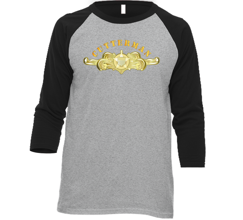 Uscg - Cutterman Badge - Officer - Gold W Top Txt Baseball Raglan T Shirt