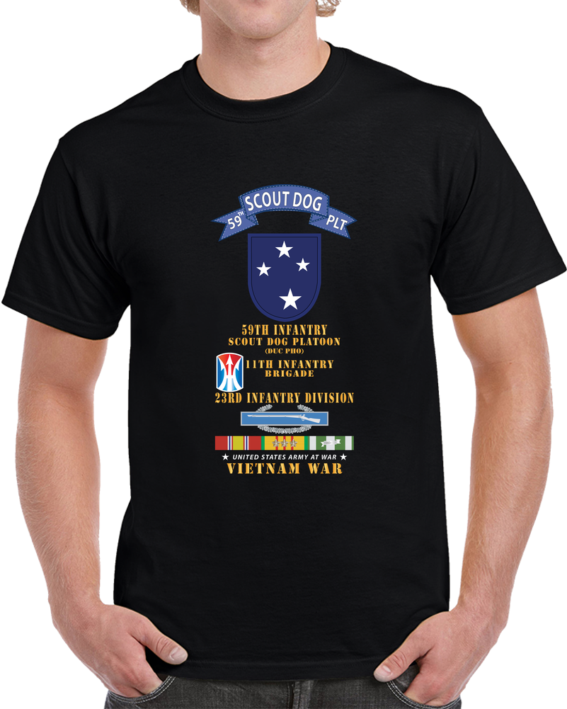 Army - 59th Infantry Scout Dog Platoon - Blue Tab, 11th Inf Bde, 23rd Inf Div - W CIB 3 Stars VN SVC T Shirt