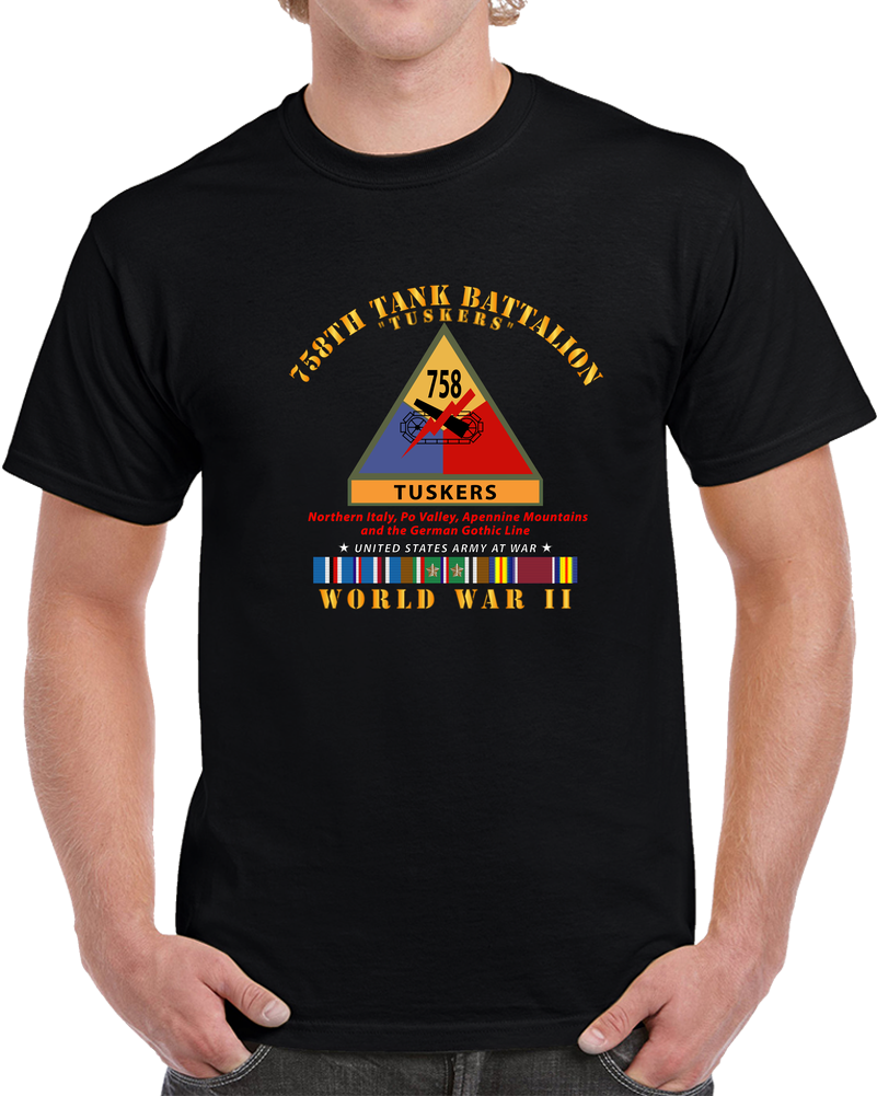 Army - 758th Tank Battalion - Tuskers  W SSI Name Tape WWII  EU SVC T Shirt