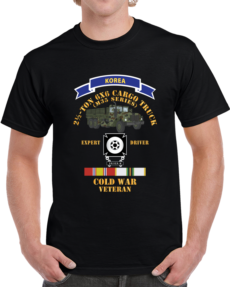M44A3 Series Truck - Camo - 2 & 1-2 Ton Cargo Truck W Expert Driver Badge - Cold War Vet - Korea W COLD SVC X 300 T Shirt