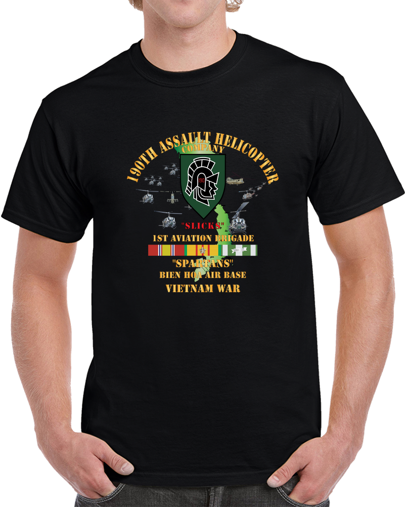 Army - 190th Assault Helicopter Company - SSI - Green, Spartans - Bien Hoa Air Base, W VN SVC X 300 T Shirt