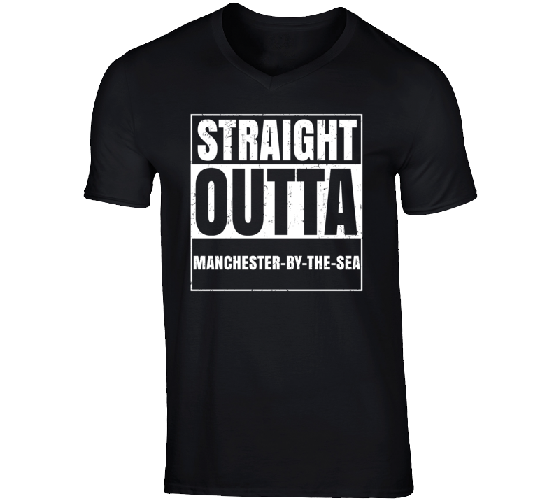 Straight Outta Manchester-by-the-Sea Massachusetts Parody Grunge City Father's Day Vneck T Shirt