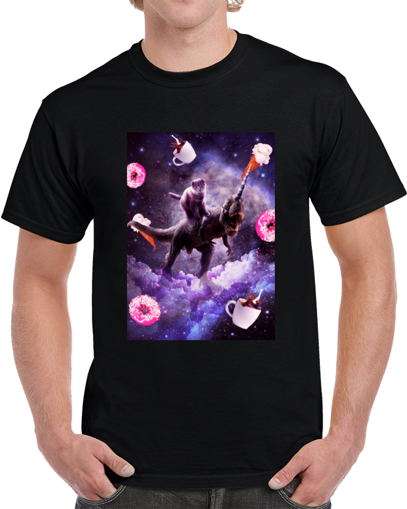 Space Cat On Dinosaur 6 Random Galaxy T Shirt