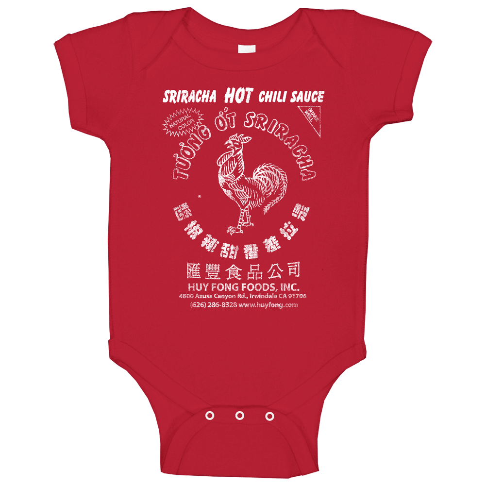 Srirachi Hot Sauce Label Worn Look Baby Unisex Soft Cotton Tee Baby One Piece