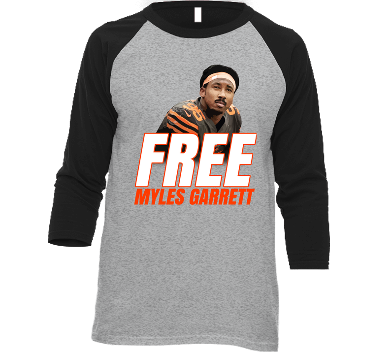 Free Myles Garrett Cleveland Football Player Helmet Fight Support Fan Raglan Unisex Soft Cotton Tee Raglan 3/4 Sleeve Shirt