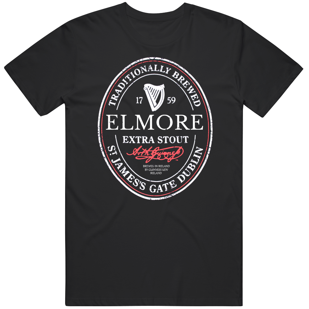 Elmore Irish Beer Label St Patricks Day Guinness Parody Grunge Unisex Soft Cotton Tee T Shirt