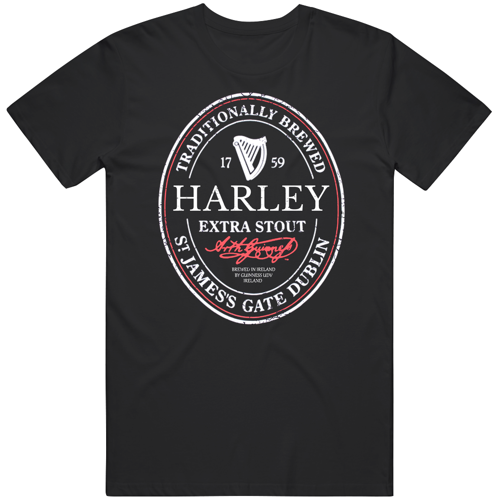 Harley Irish Beer Label St Patricks Day Guinness Parody Grunge Unisex Soft Cotton Tee T Shirt Harley Irish Beer Label St Patricks Day Guinness Parody Grunge Unisex Soft Cotton Tee T Shirt
