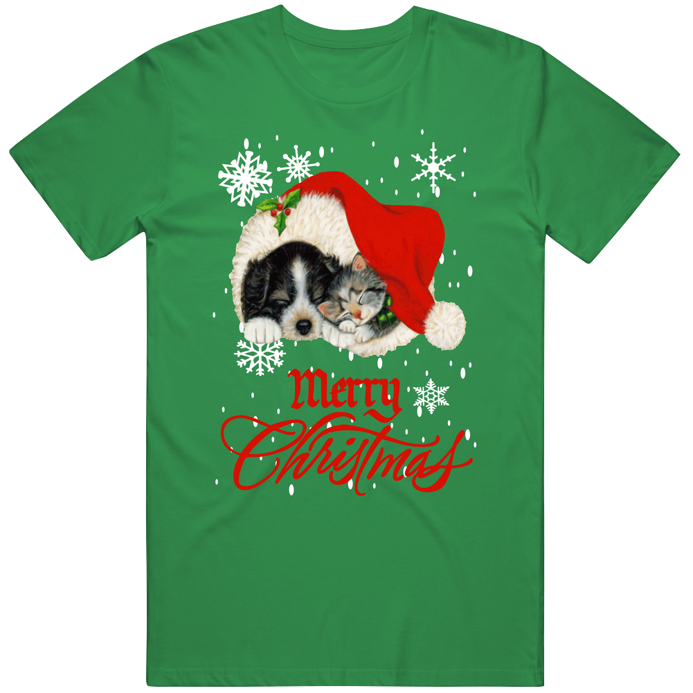 Merry Christmas Cute Puppy And Kitten Christmas Mens Cotton Tee T Shirt