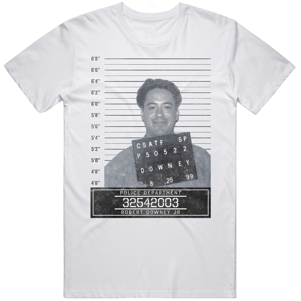Robert Downey Jr Celebrity Mugshot Police Department Mens Cotton Tee T Shirt