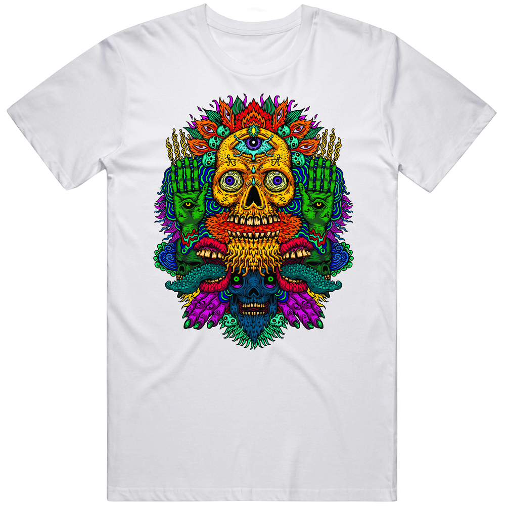 Vector Illustration Of A Psychedelic Skull With A Third Eye Of A Fire-breathing On Mens Cotton Tee T Shirt