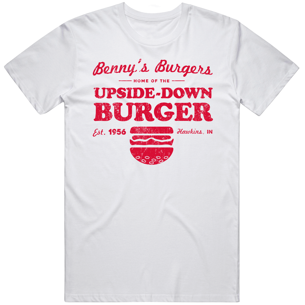 Benny's Burgers Retro Fictional Diner Logo Stranger Things Netflix Tv Show Fan Mens Cotton Tee T Shirt Benny's Burgers Retro Fictional Diner Logo Stranger Things Netflix Tv Show Fan Mens Cotton Tee T Shirt
