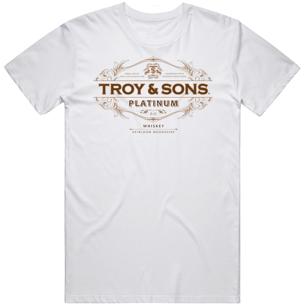 Troy & Sons Platinum Moonshine Whiskey Label Logo Mens Soft Cotton Tee T Shirt