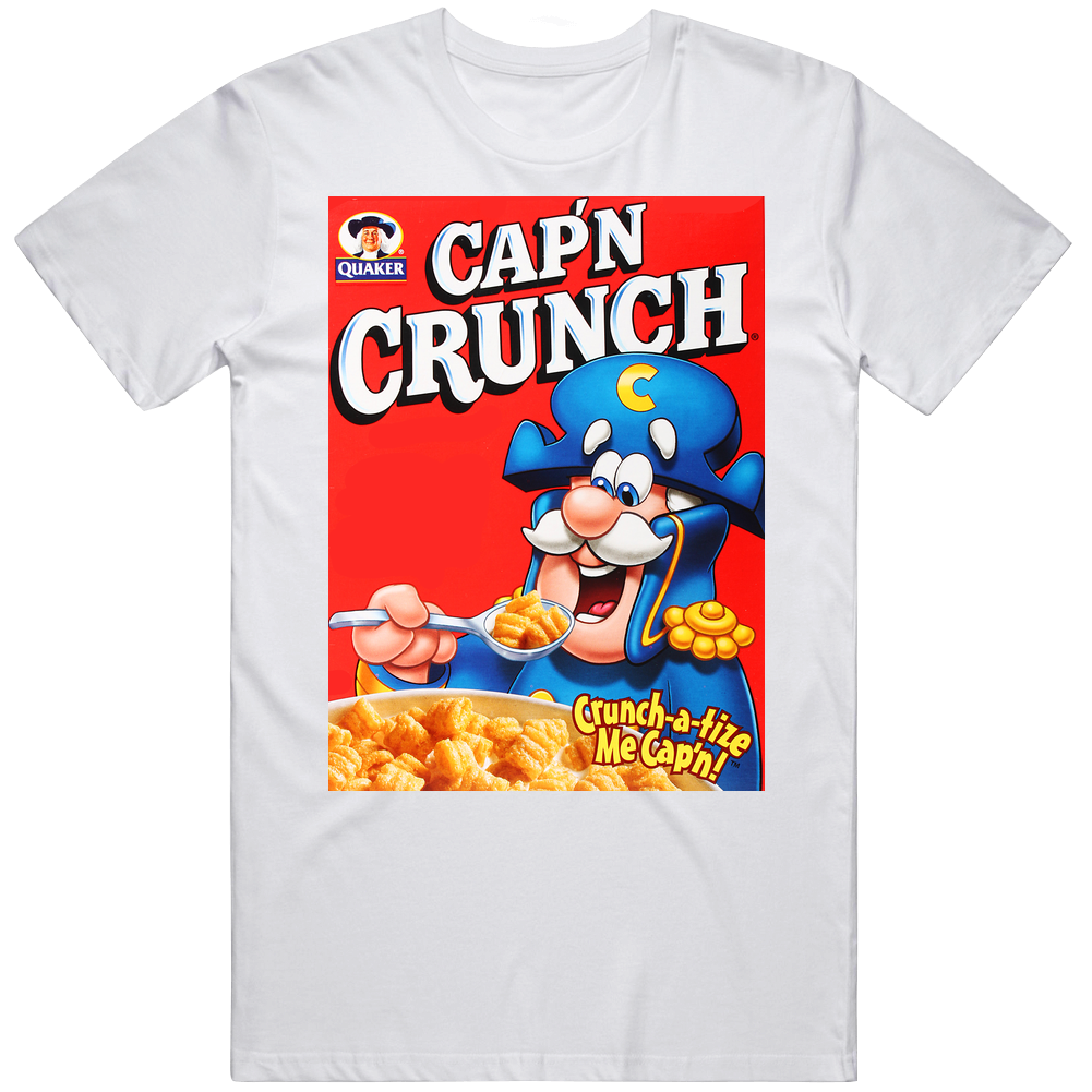 Quaker Cap'n Crunch Kids Breakfast Cereal Box Logo Mens Soft Cotton Tee T Shirt Quaker Cap'n Crunch Kids Breakfast Cereal Box Logo Mens Soft Cotton Tee T Shirt