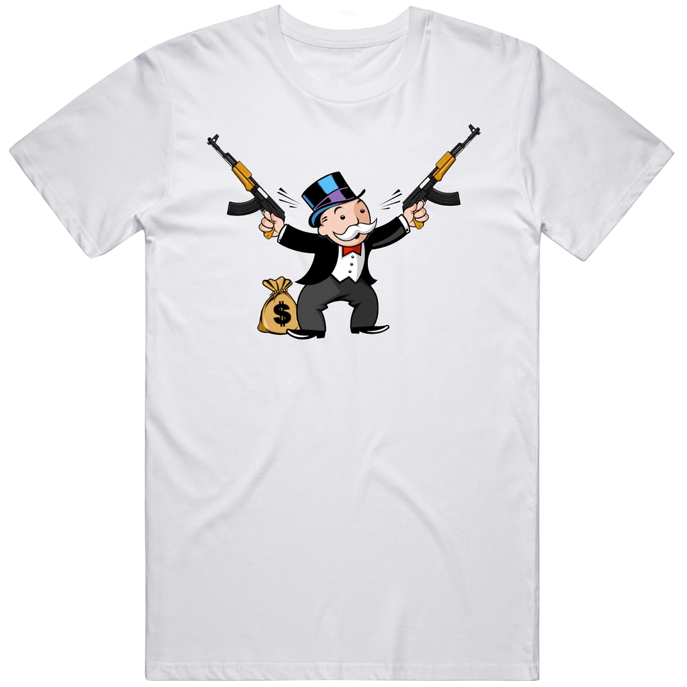 Two Gun And A Money Bag Monopoly Man Funny Parody Mens Soft Cotton Tee T Shirt Two Gun And A Money Bag Monopoly Man Funny Parody Mens Soft Cotton Tee T Shirt