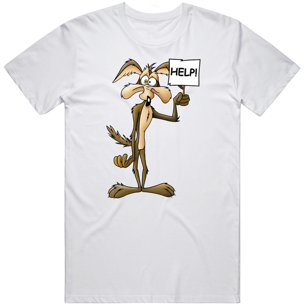 Wile E Coyote Cartoon Help Sign Tv Show Fan Mens Soft Cotton Tee T Shirt