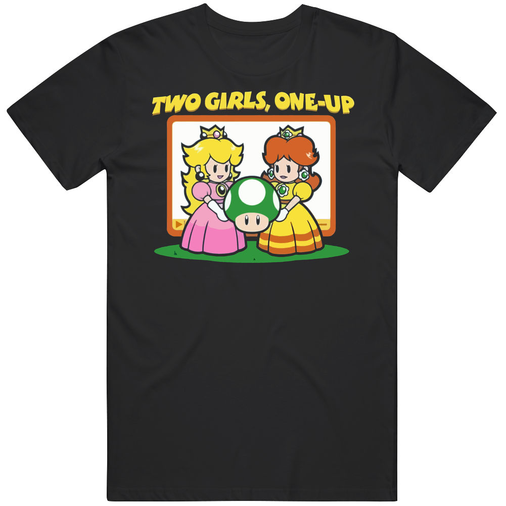 Two Girls 1 Up Funny Mario Video Game Mens Cotton Classic T Shirt