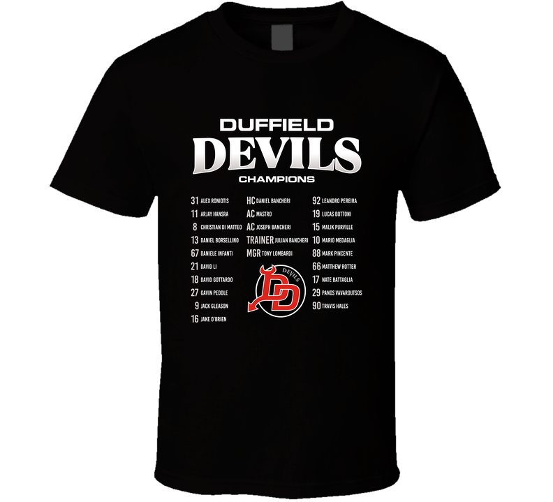 Duffield Devils International Silver Stick Champions 2025-2026 U18 Aa Vaughan Ontario Regional Back Print T Shirt Duffield Devils International Silver Stick Champions 2025-2026 U18 Aa Vaughan Ontario Regional Back Print T Shirt