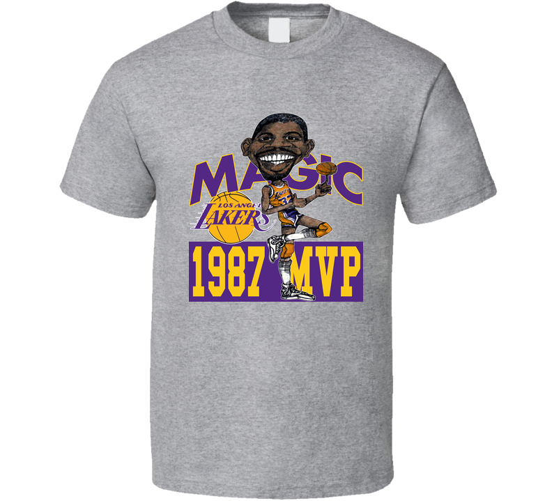 Magic Johnson 1987 Mvp Retro Basketball Caricature Gray Unisex T Shirt Magic Johnson 1987 Mvp Retro Basketball Caricature Gray Unisex T Shirt