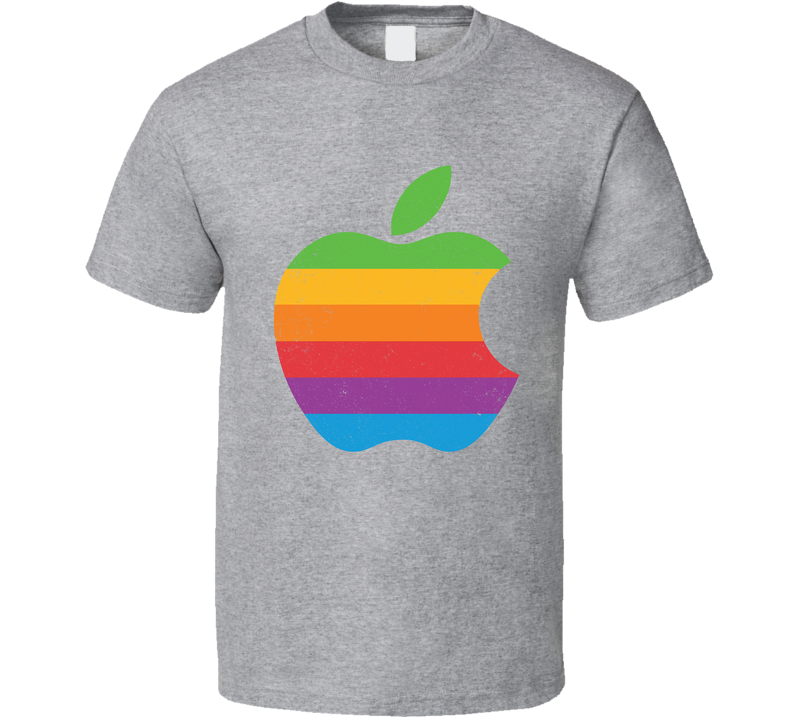 Apple Rainbow Logo Vintage Worn Look Gray Unisex T Shirt