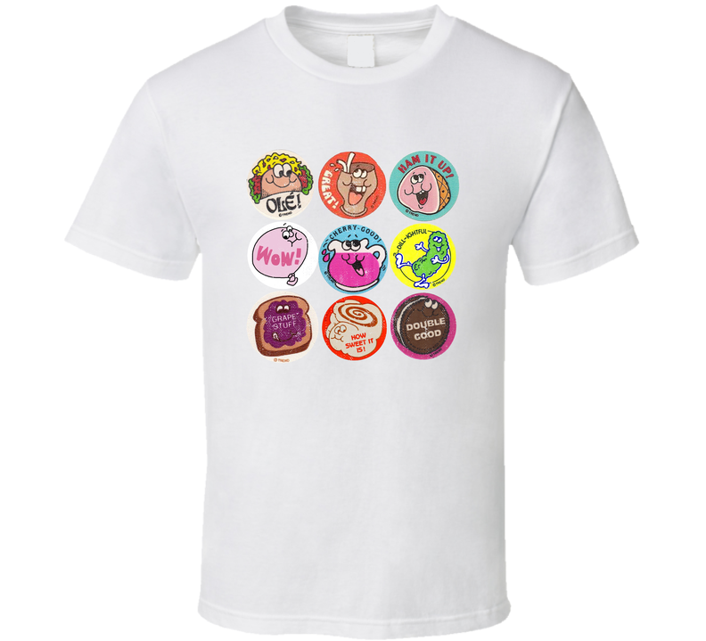Scratch N Sniff Cool 80s Stickers Distressed Look White Unisex T Shirt Scratch N Sniff Cool 80s Stickers Distressed Look White Unisex T Shirt