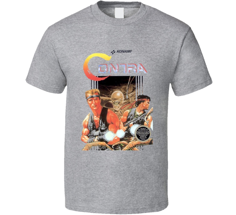 Contra Nes Box Art Video Game T Shirt - Grey Contra Nes Box Art Video Game T Shirt - Grey