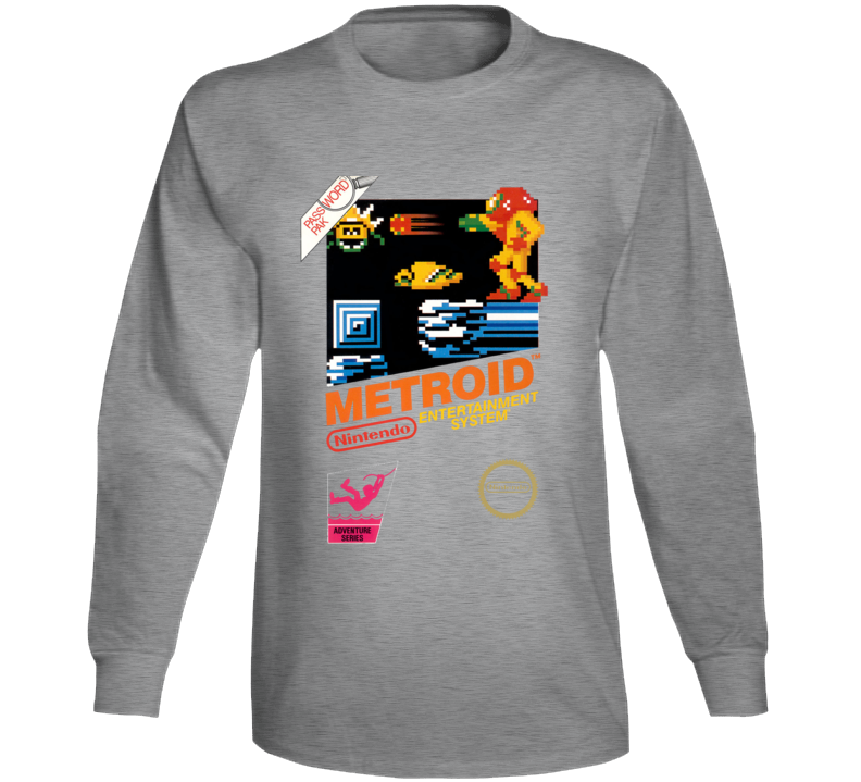 Metroid Nes Box Art Retro Video Game Grey Long Sleeve T Shirt Metroid Nes Box Art Retro Video Game Grey Long Sleeve T Shirt
