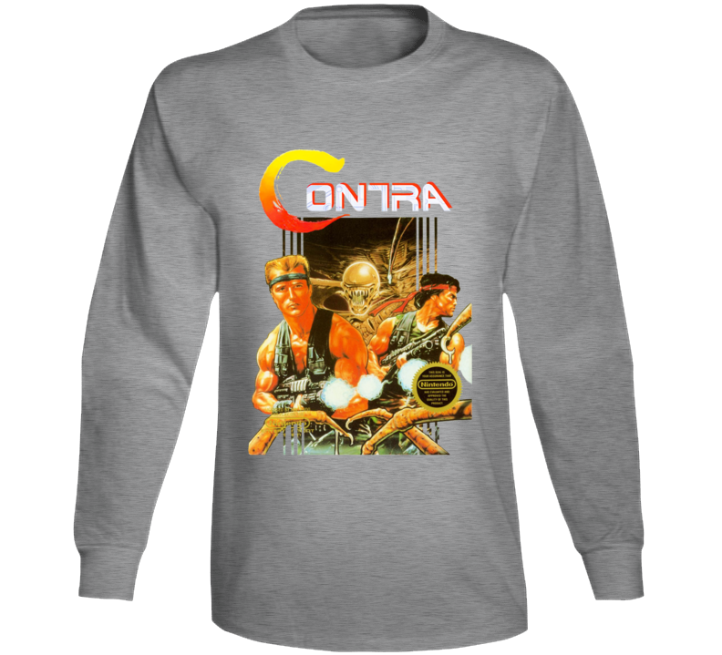 Contra Nes Box Art Retro Video Game Grey Long Sleeve T Shirt Contra Nes Box Art Retro Video Game Grey Long Sleeve T Shirt