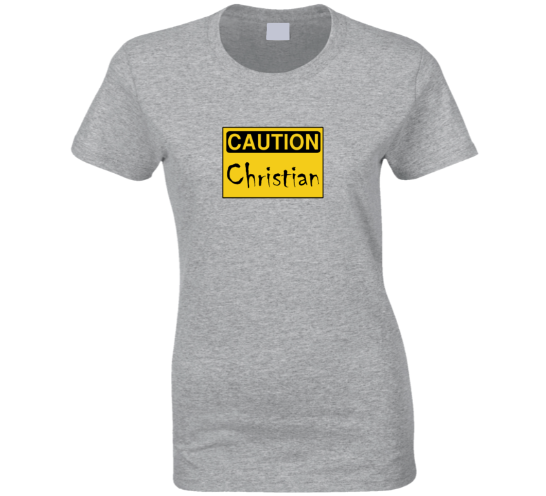Womens T-shirt Caution Christian Grey Jesus Saves Clothing Gray