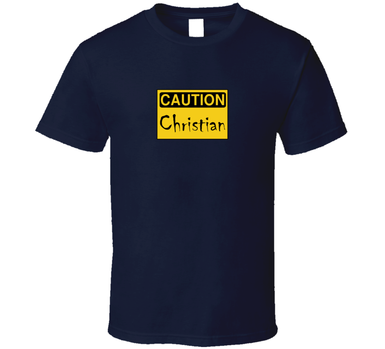Mens T-shirt Caution Christian Navy Blue Jesus Saves Clothing