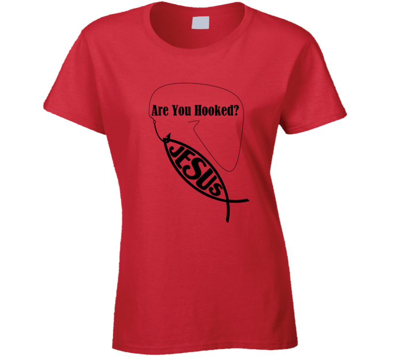 Womens T-shirt Jesus Fish Hooked On Christian Faith In God Clothing Red