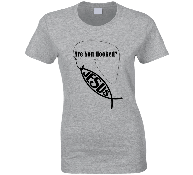 Womens T-shirt Jesus Fish Hooked On Christian Faith In God Clothing Gray