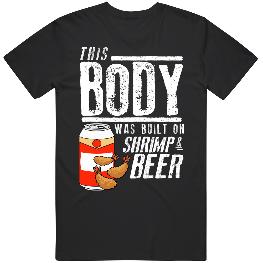 This Body Was Built On Shrimp And Beer Funny Food Men’s 100% Cotton Black T Shirt This Body Was Built On Shrimp And Beer Funny Food Men’s 100% Cotton Black T Shirt