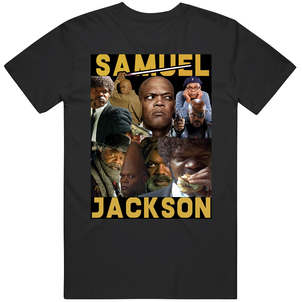 Samuel L Jackson Movies Mashup Hollywood Actor Fan Men’s 100% Cotton Black T Shirt Samuel L Jackson Movies Mashup Hollywood Actor Fan Men’s 100% Cotton Black T Shirt
