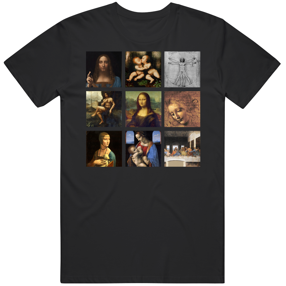 Leonardo Da Vinci Art Paintings Trendy Artsy Men’s 100% Cotton Black T Shirt Leonardo Da Vinci Art Paintings Trendy Artsy Men’s 100% Cotton Black T Shirt