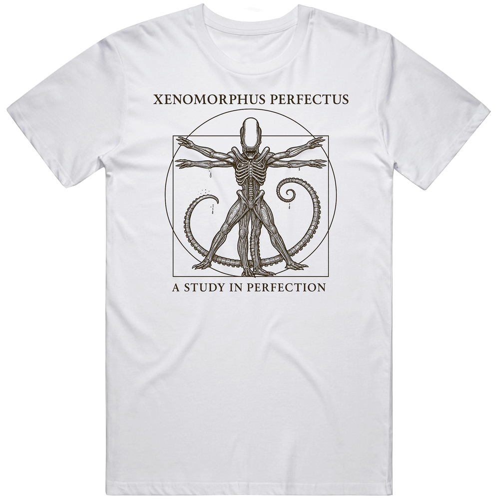 Xenomorphus Perfectus Alien Vitruvian Man T-shirt Sci-fi Horror Art Tee, Da Vinci Mashup T Shirt