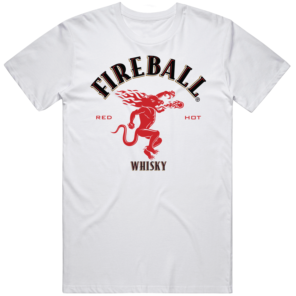 Fireball Cinnamon Whiskey Logo Label Drinking Mens Size Large White  T Shirt