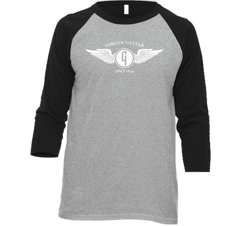 GIBSON GUITAR "FLYING G LOGO" Since 1894 Charcoal Grey T-Shirt 100% COTTON Vintage Raglan Retro Raglan 3/4 Sleeve Shirt