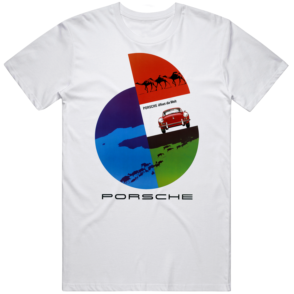 Vintage Porsche, T-shirt, Advertisement Retro, 50's, 60's Unisex White T Shirt Vintage Porsche, T-shirt, Advertisement Retro, 50's, 60's Unisex White T Shirt