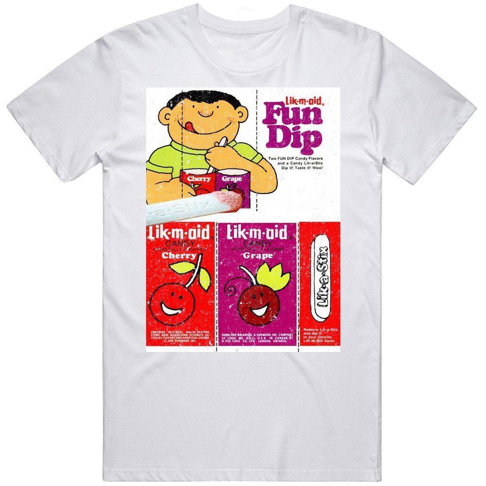 Lik-m-aid Fun Dip Retro Candy Wrapper Label Logo Unisex White T Shirt Lik-m-aid Fun Dip Retro Candy Wrapper Label Logo Unisex White T Shirt