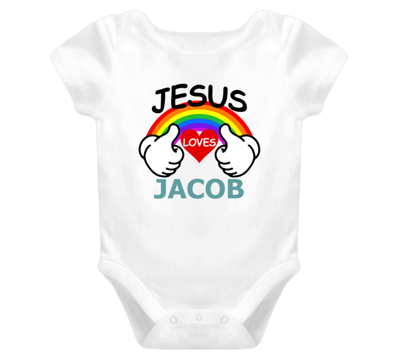 Jacob Jesus Loves Me Catholic Christian Funny Baby One Piece Jacob Jesus Loves Me Catholic Christian Funny Baby One Piece