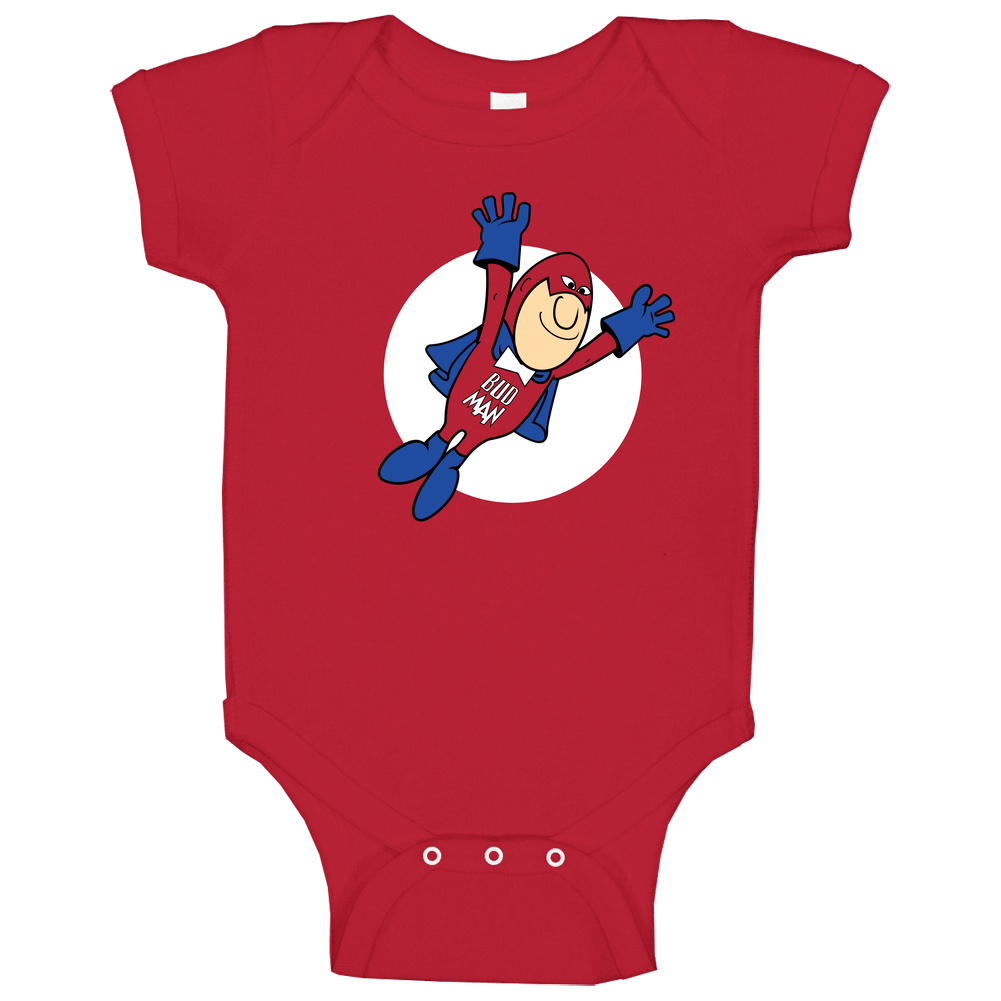 Bud Man, Budweiser, T-shirt, Beer, Brew, Cartoon, Advertisement, Retro romper jumpsuit Baby One Piece Bud Man, Budweiser, T-shirt, Beer, Brew, Cartoon, Advertisement, Retro romper jumpsuit Baby One Piece
