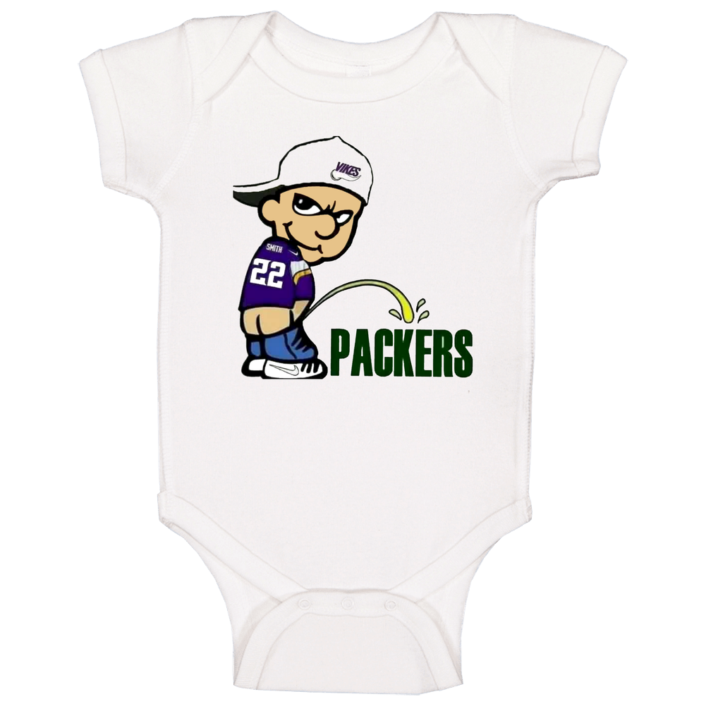 Vikikings Fan Pissing On The Packers Wearing Smith 22 Jersey Minnesota Vikings Rule Packers Suck Funny romper Baby One Piece Vikikings Fan Pissing On The Packers Wearing Smith 22 Jersey Minnesota Vikings Rule Packers Suck Funny romper Baby One Piece